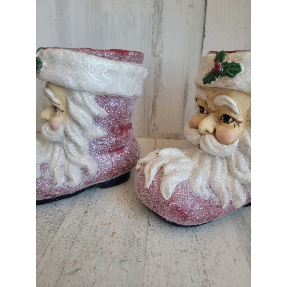 vintage Raz paper mache sugared Santa Claus boot shoes unique set glitter Xmas