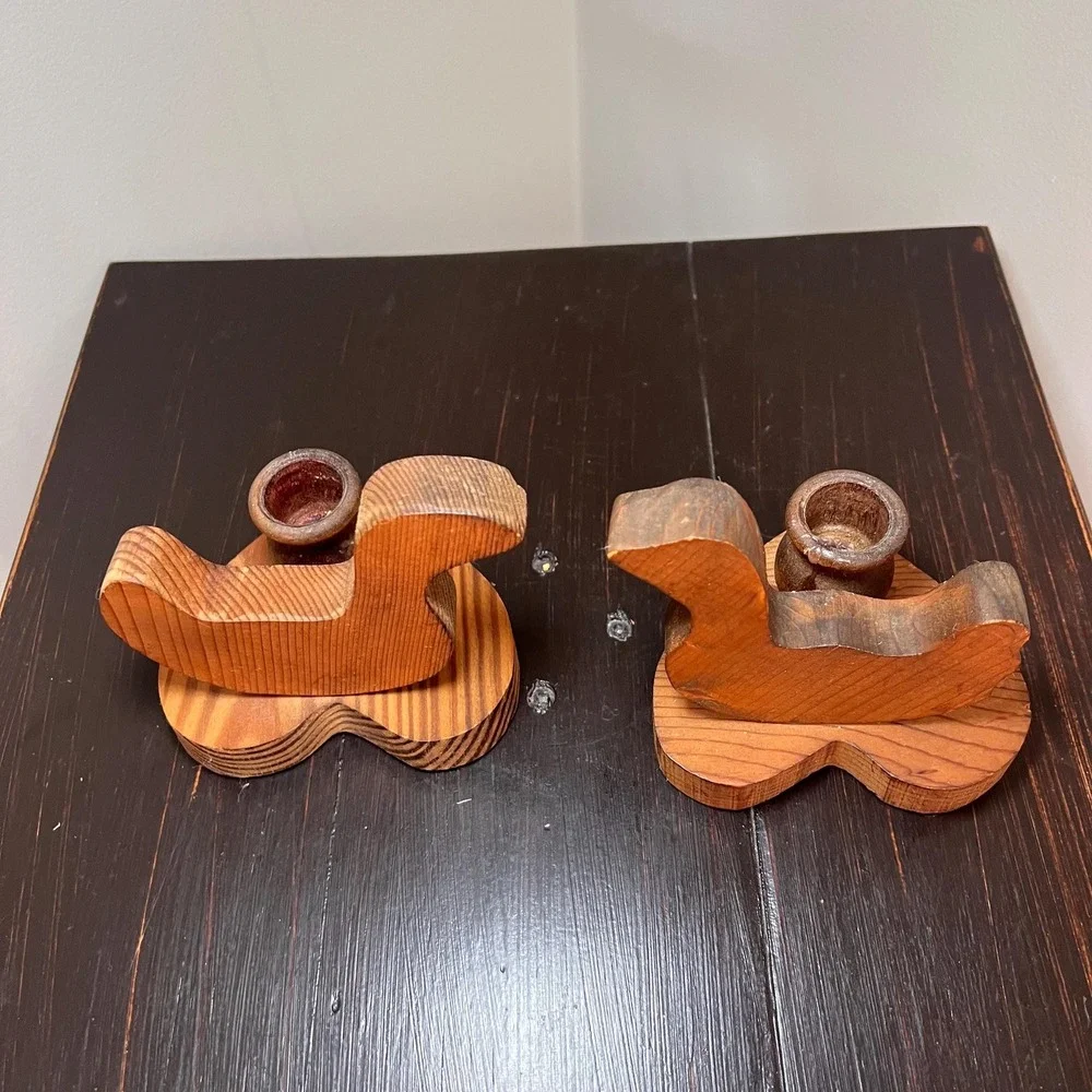 Vtg Wooden Duck Candlestick Holder Pair Rustic Folk Art Candle Holders Primitive