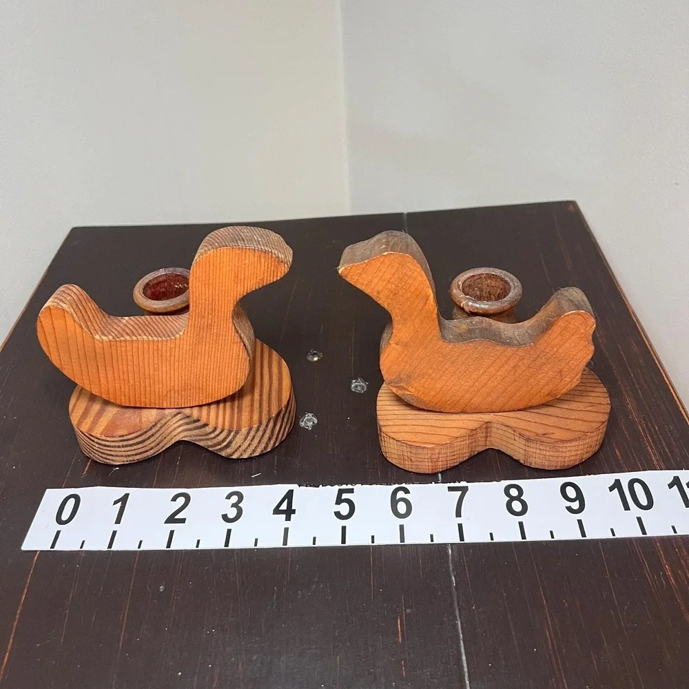 Vtg Wooden Duck Candlestick Holder Pair Rustic Folk Art Candle Holders Primitive