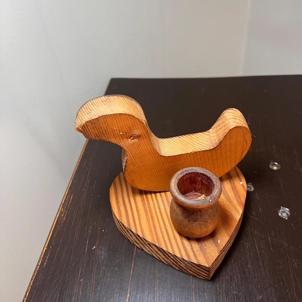 Vtg Wooden Duck Candlestick Holder Pair Rustic Folk Art Candle Holders Primitive