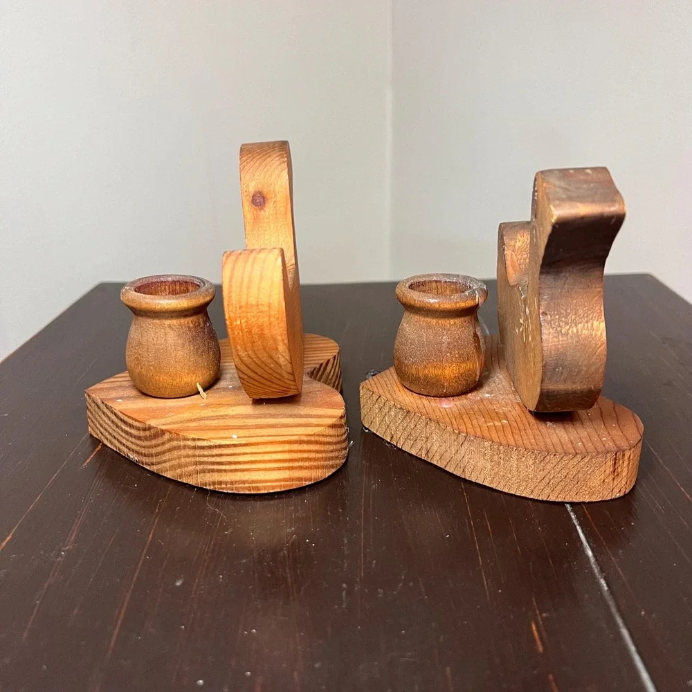 Vtg Wooden Duck Candlestick Holder Pair Rustic Folk Art Candle Holders Primitive