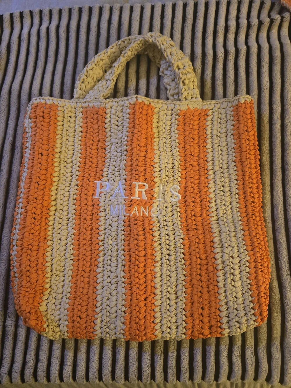 Striped Straw Crochet Tote Bag in Orange and Beige 