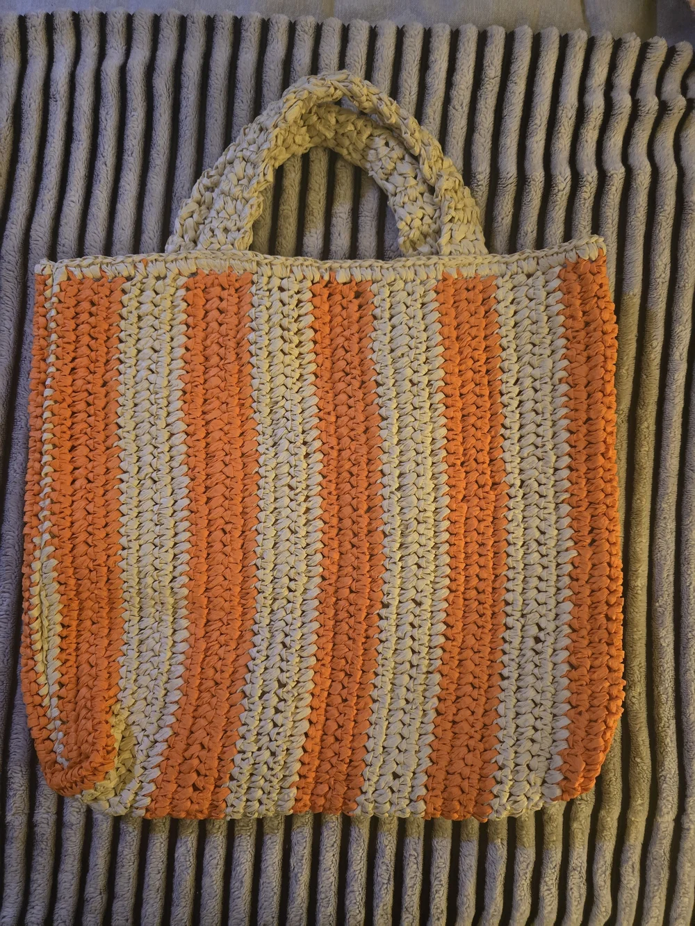 Striped Straw Crochet Tote Bag in Orange and Beige 