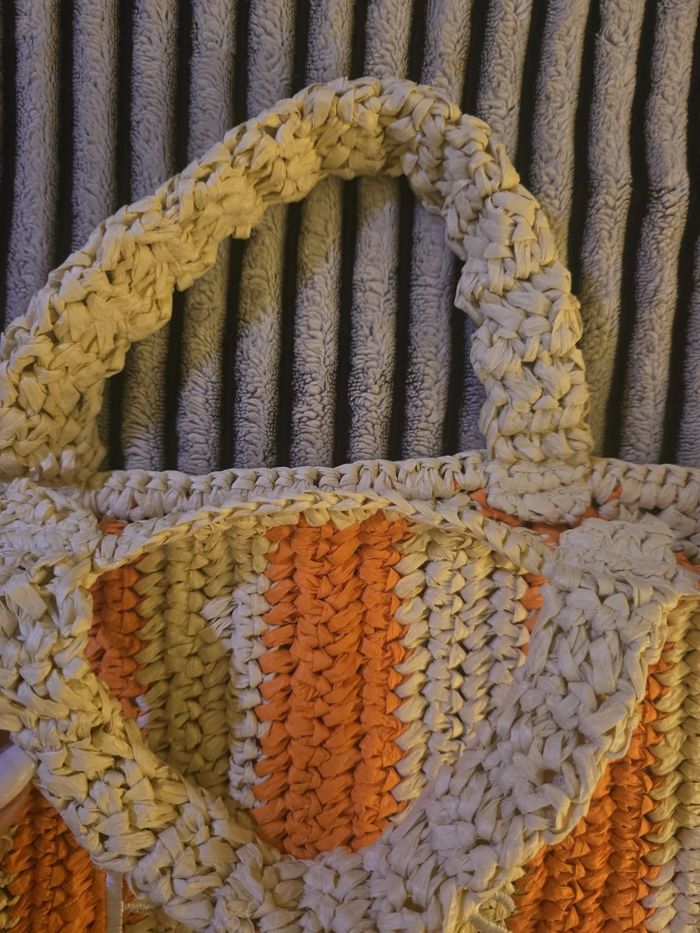 Striped Straw Crochet Tote Bag in Orange and Beige 