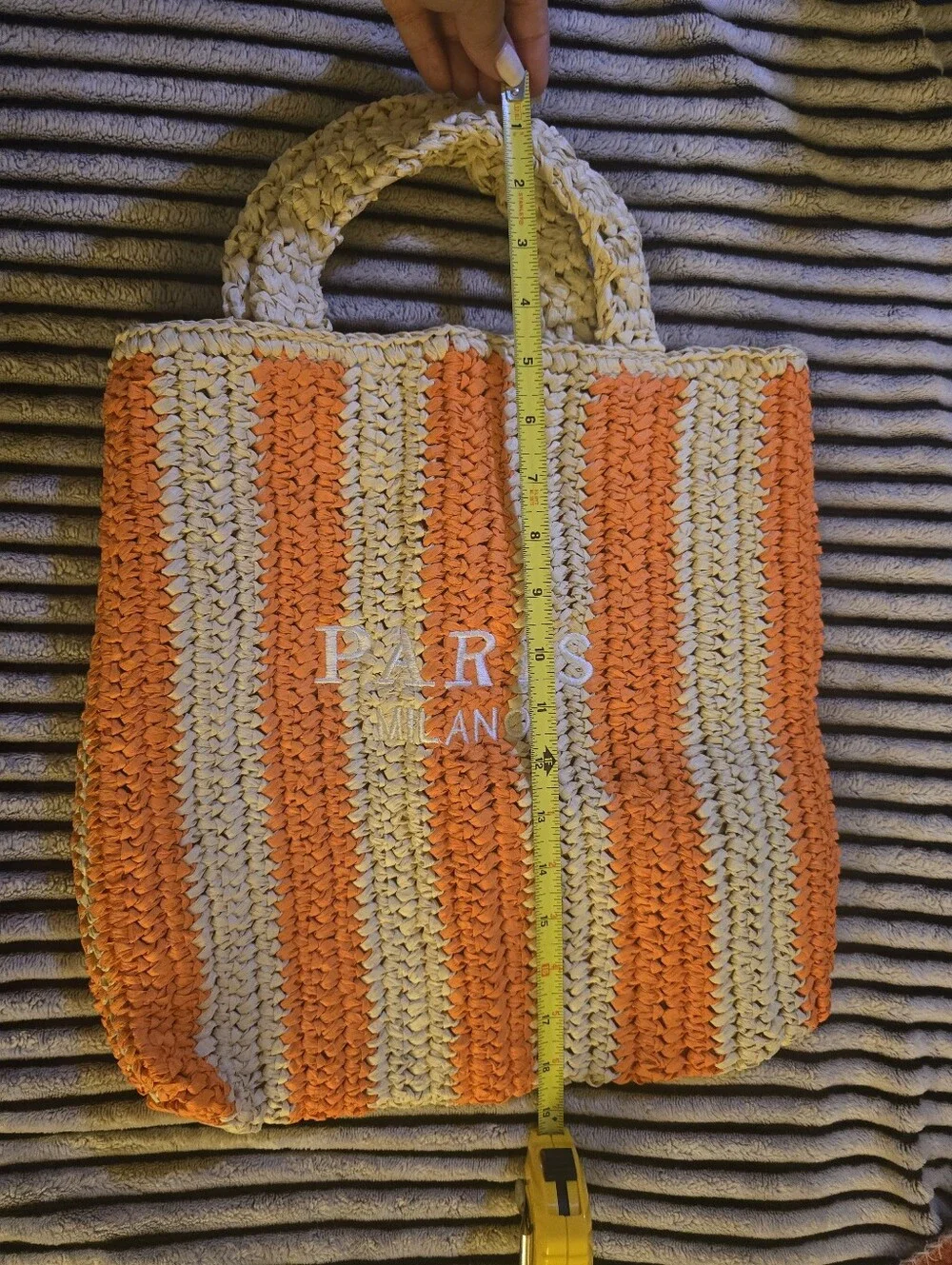 Striped Straw Crochet Tote Bag in Orange and Beige 