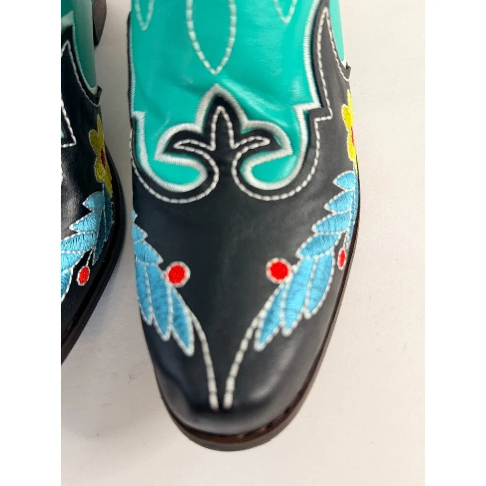 Embroidered Turquoise Cowhide Floral Snip Toe Western Cowgirl Boots Sz37 US 6.5