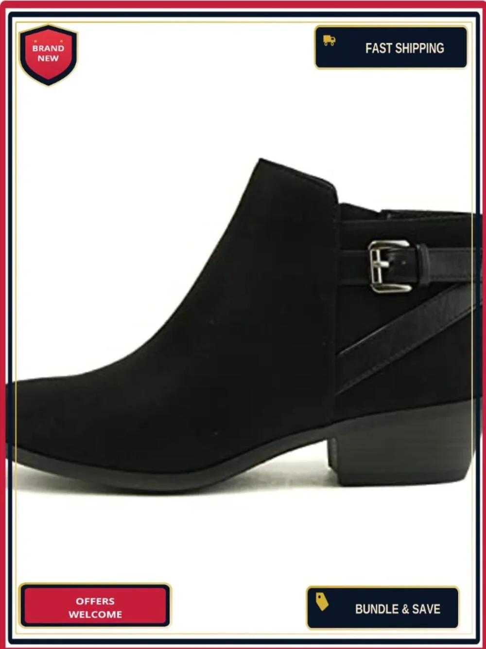 Faux Suede Ankle Bootie with Stacked Block Heel, Side Zipper, Western Style