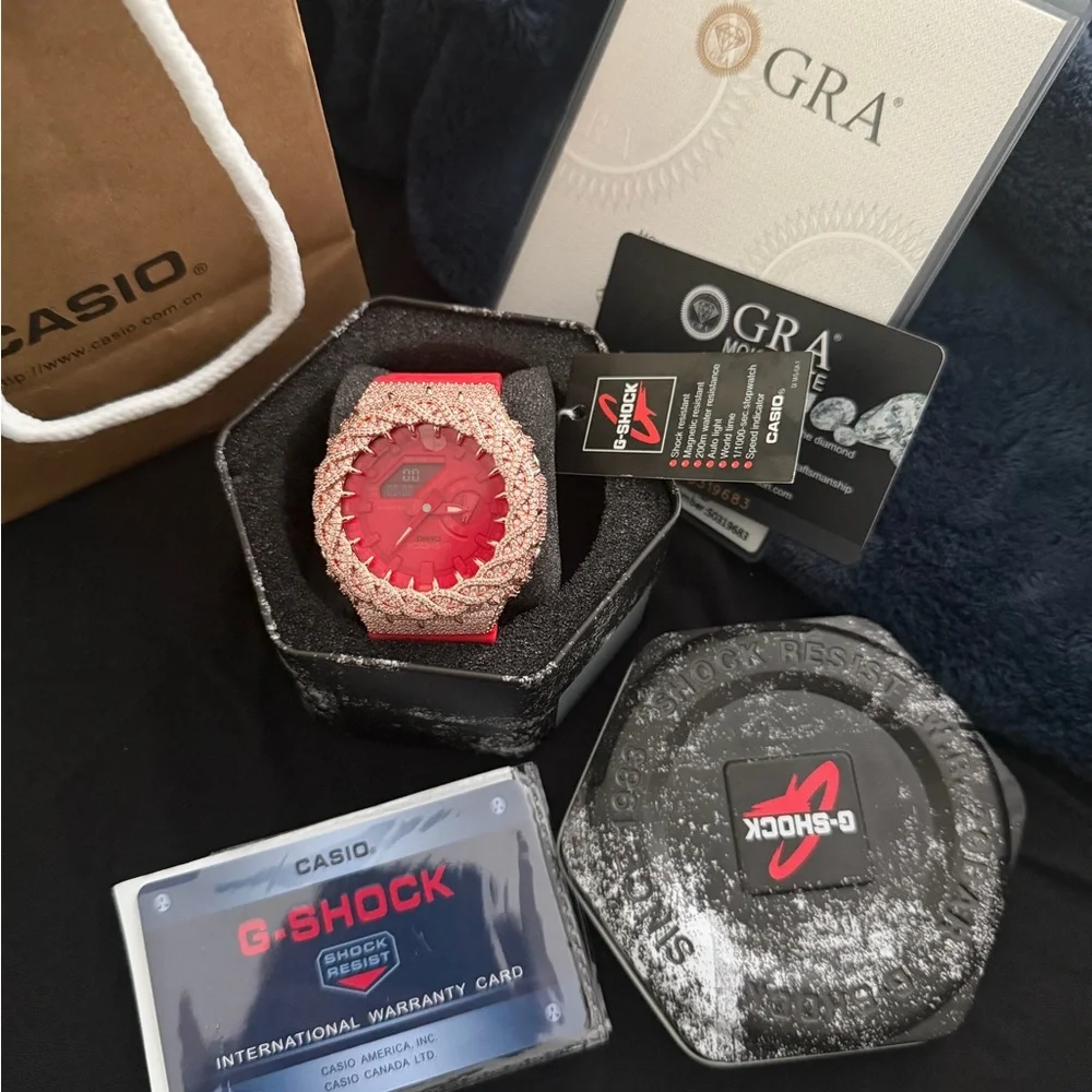 Casio G-Shock Red Strap Watch with Rose Gold Crystal Bezel vvs1 tester passing