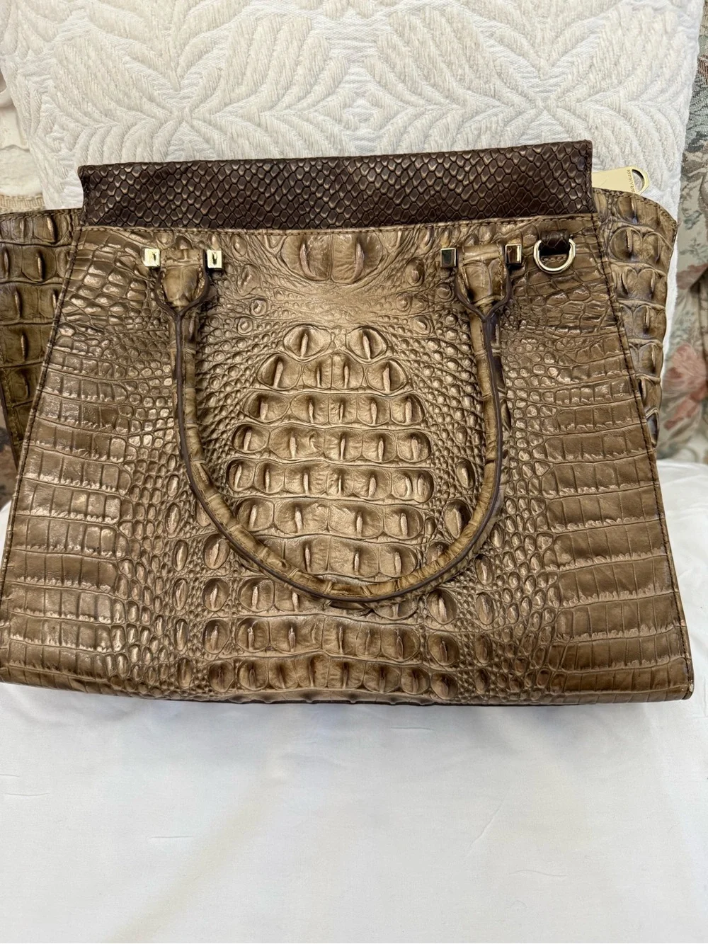 Croc-Embossed Tote in Beige and Brown with Red Trim