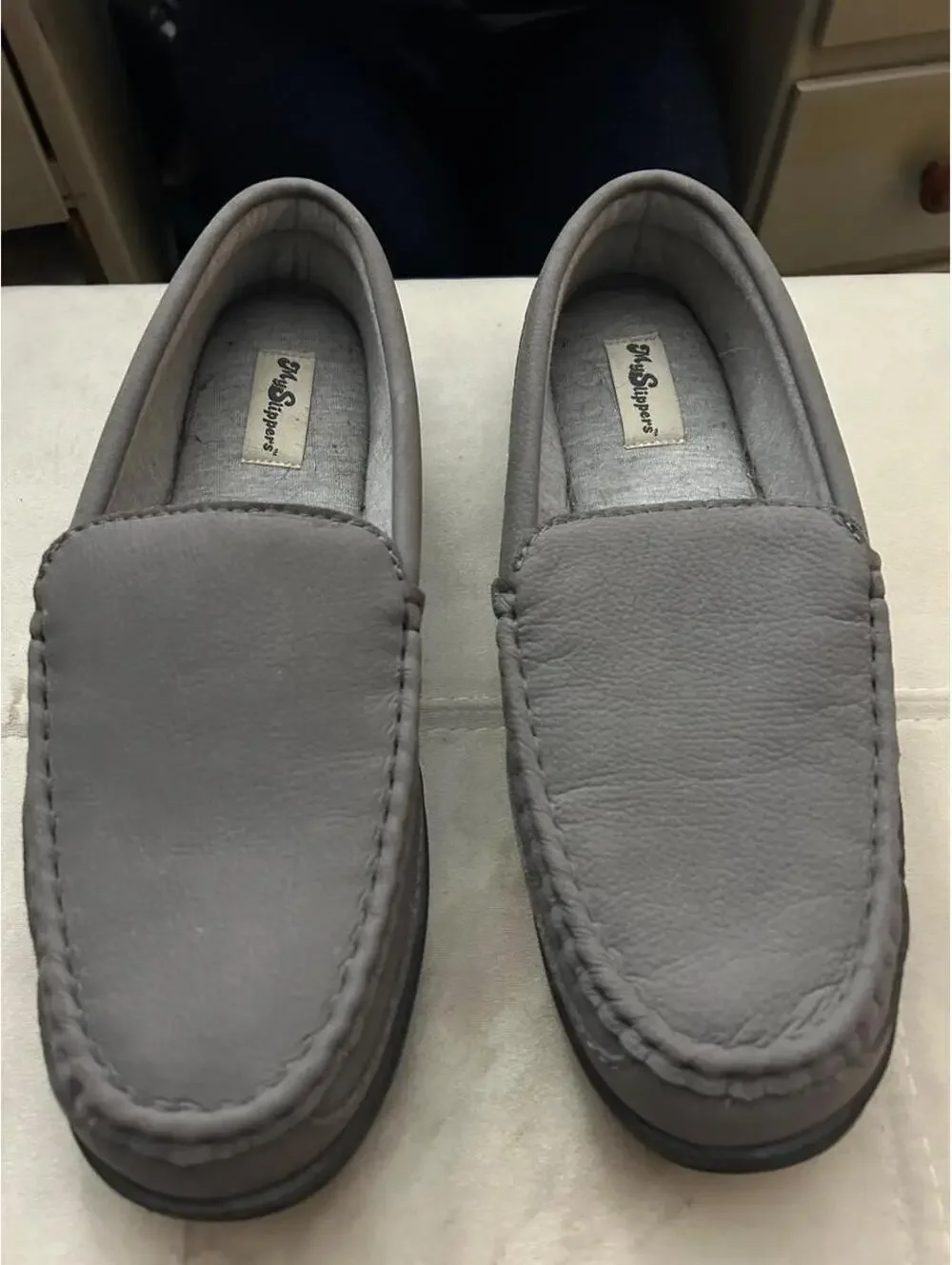 Brand new Mr. Slippers Gray leather loafers with a slip-on design size 10