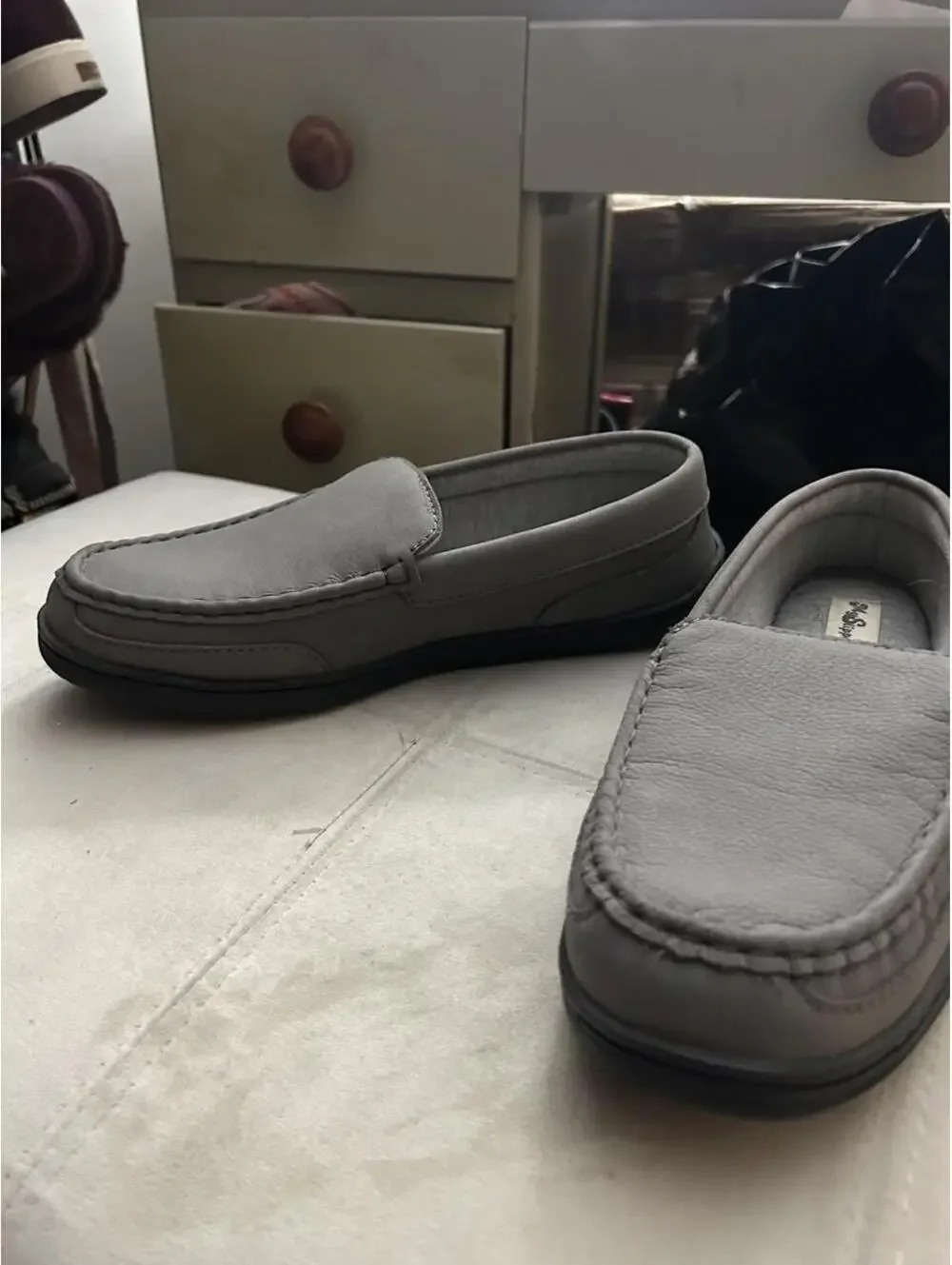 Brand new Mr. Slippers Gray leather loafers with a slip-on design size 10