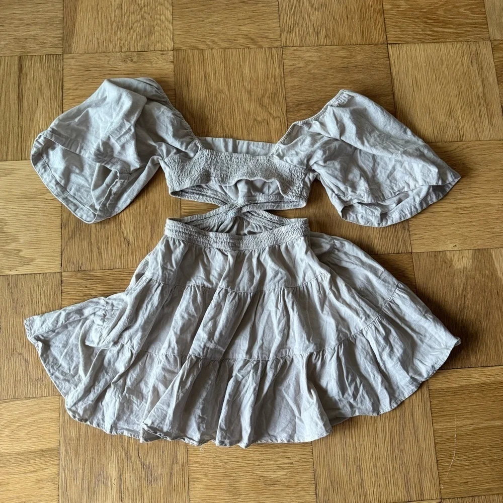 Free People XS Cross of Sunlight Dress Tan Oatmeal Mini Tiered Criss Cross Back