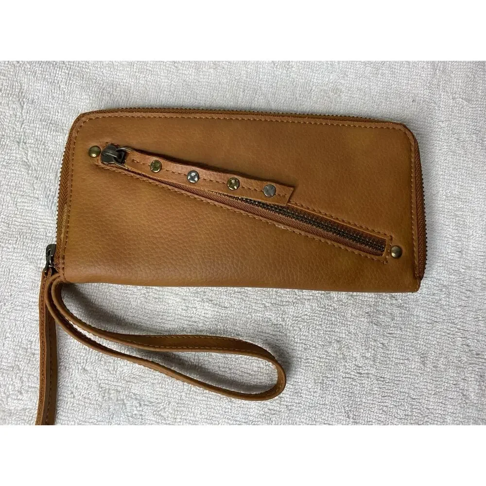 Free People Distressed Vegan Wristlet Wallet Purse Bag Brown Faux Leather Boho