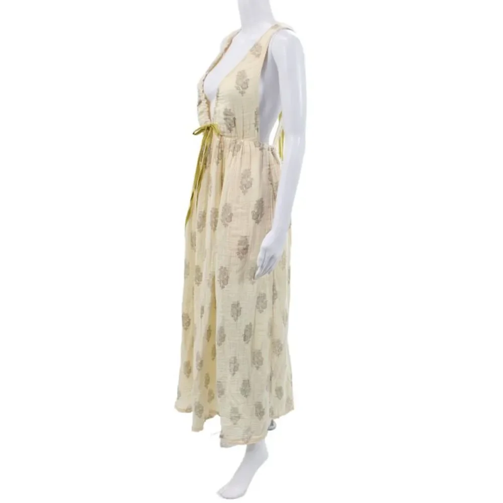 Free People Womens Maxi Floral V-Neck Sleeveless Boho Cotton Dress Ivory Size XS