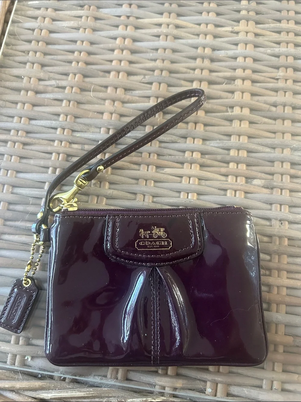 Coach Patent Leather Wristlet - Deep Plum with Gold Hardware