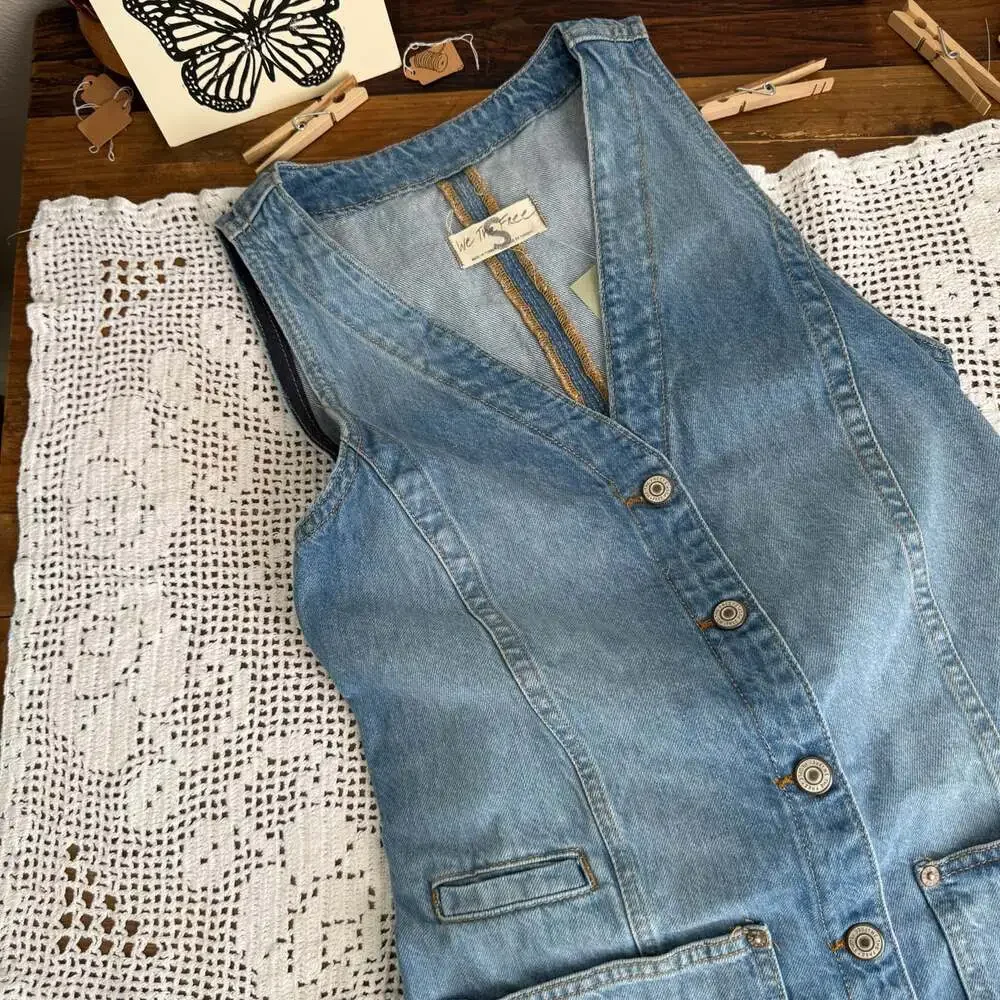 Free People Out of Office Blue Denim Buttoned Vest Dress XS Small