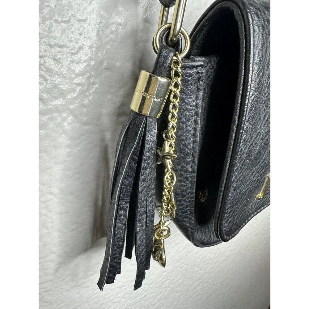Juicy Couture Crossbody Bag Womens Small Black Faux Leather Tassel Mirror Charm