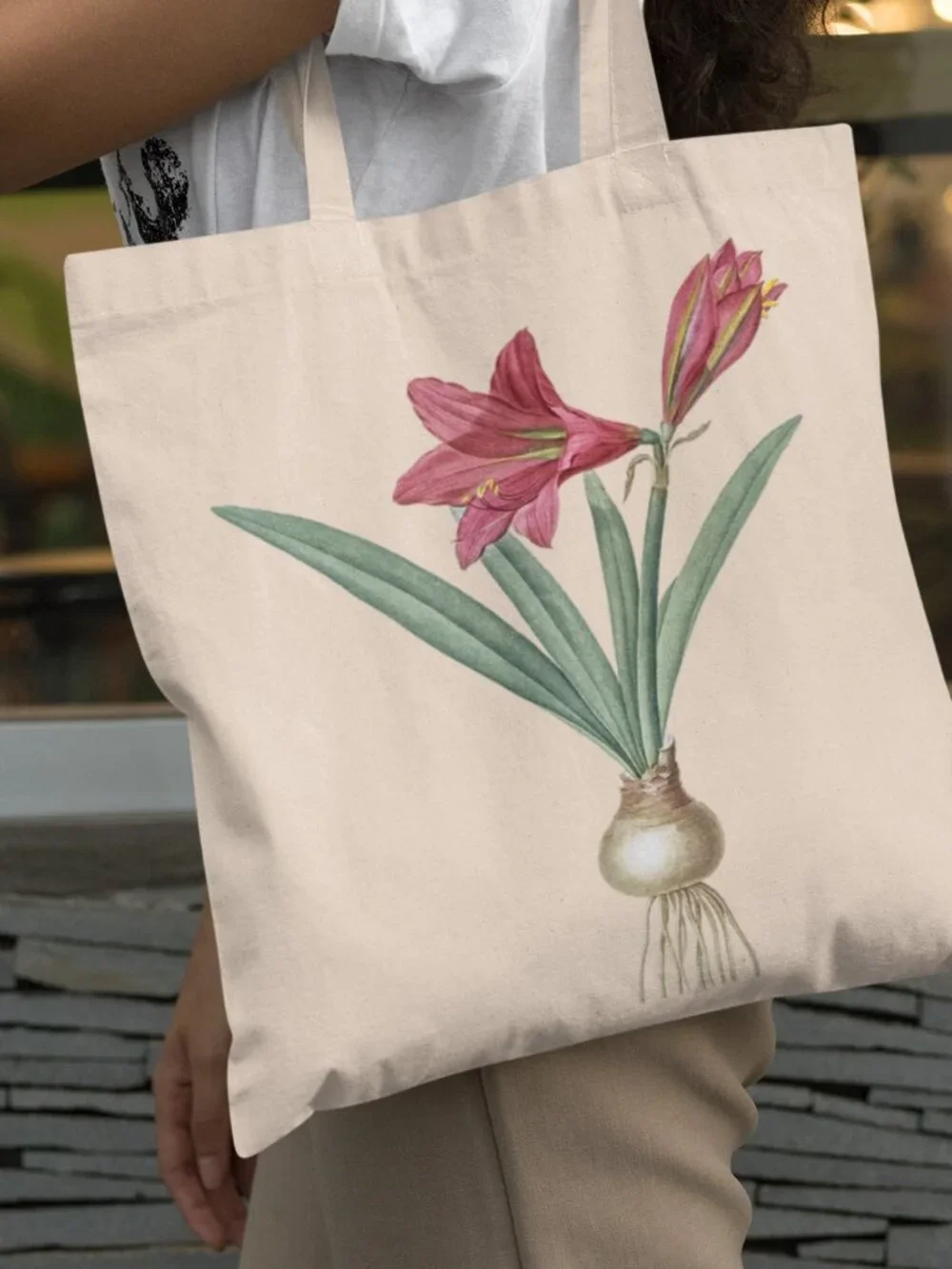 Amaryllis Vintage Floral Print Graphic Canvas Tote Bag