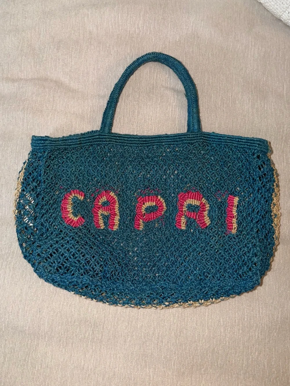 The Jacksons CAPRI Teal Crochet Tote Bag Purse Beach Pool Handmade Blue Knit