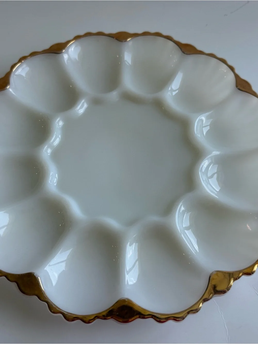 Vintage Fire King Milk Glass Gold Trim Deviled Egg Platter Anchor Hocking