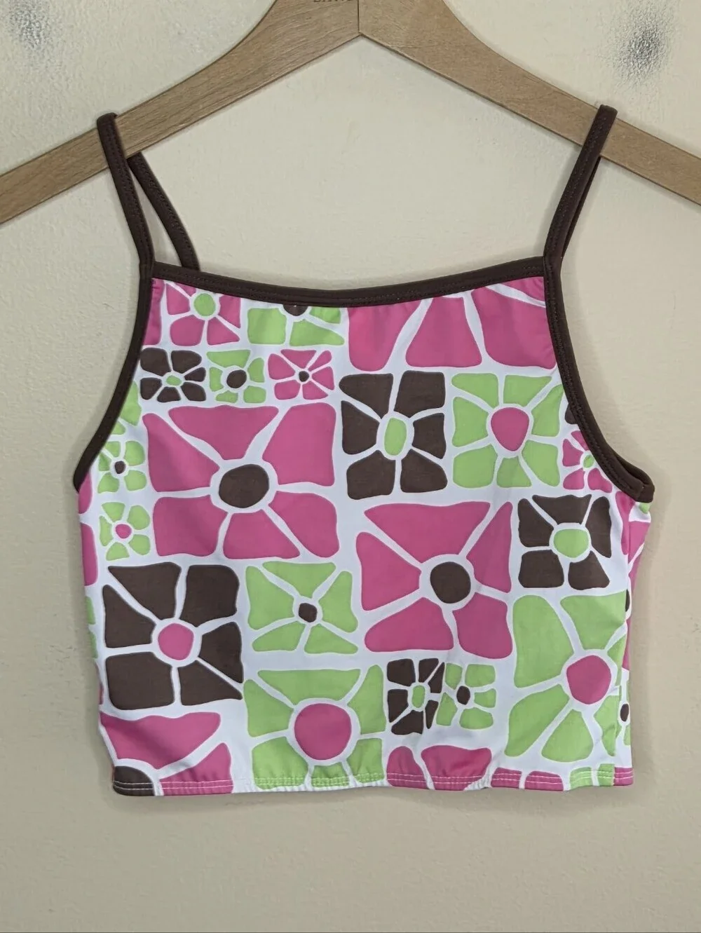 Y2K Big Fish Geometric Retro Floral Tankini Swim Top Girls Size XL 14 NEW Pink