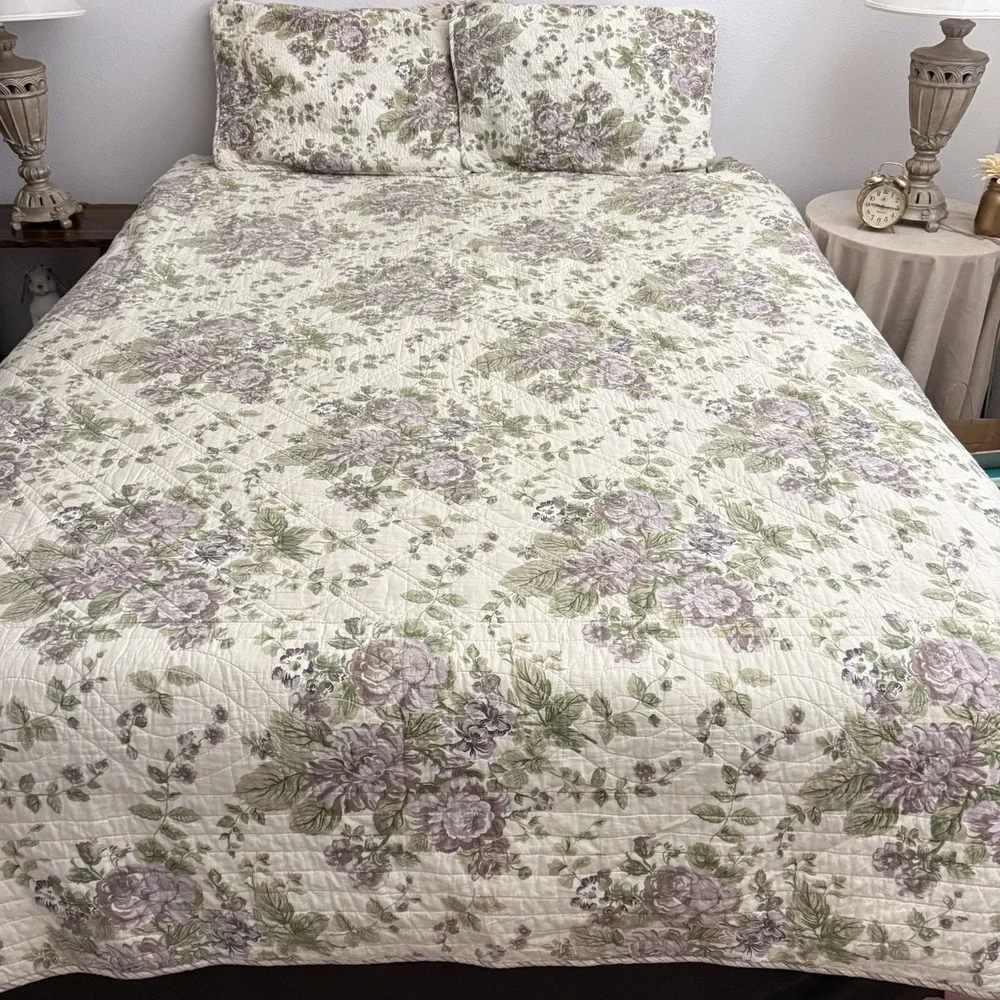 Vtg Cottagecore Quilt Full Queen Floral Shams Rose Reversible Striped Bedspread