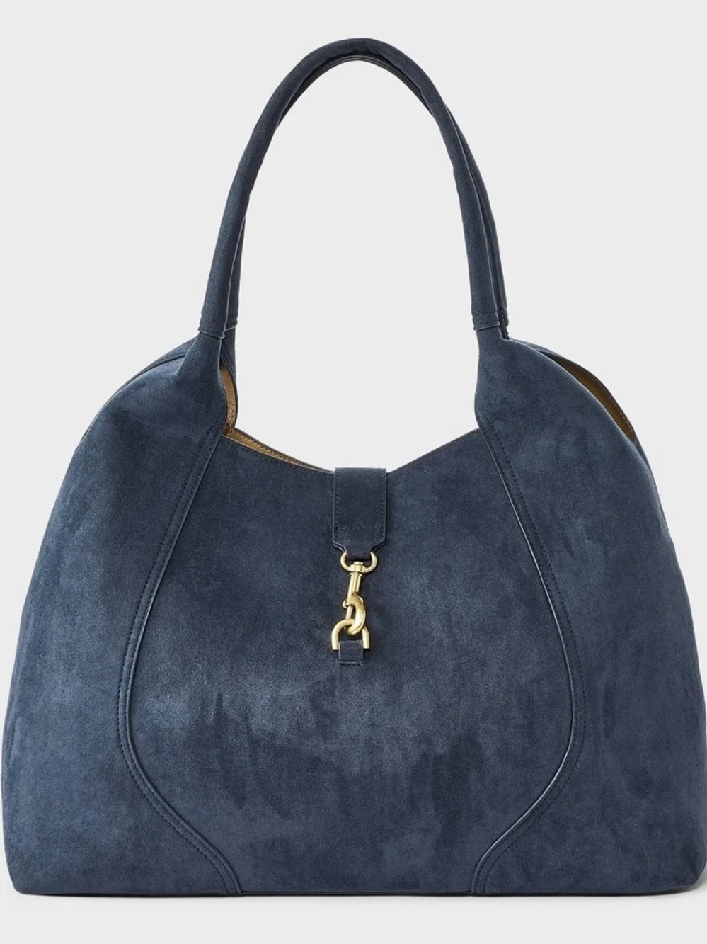 Suede Navy Shoulder Hobo Bag with Gold Hardware