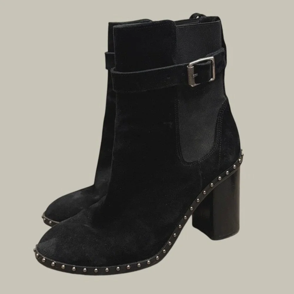 Rag & Bone Romi Black Suede Studded Belted Block Heel Ankle Boots 6.5 Moto Biker