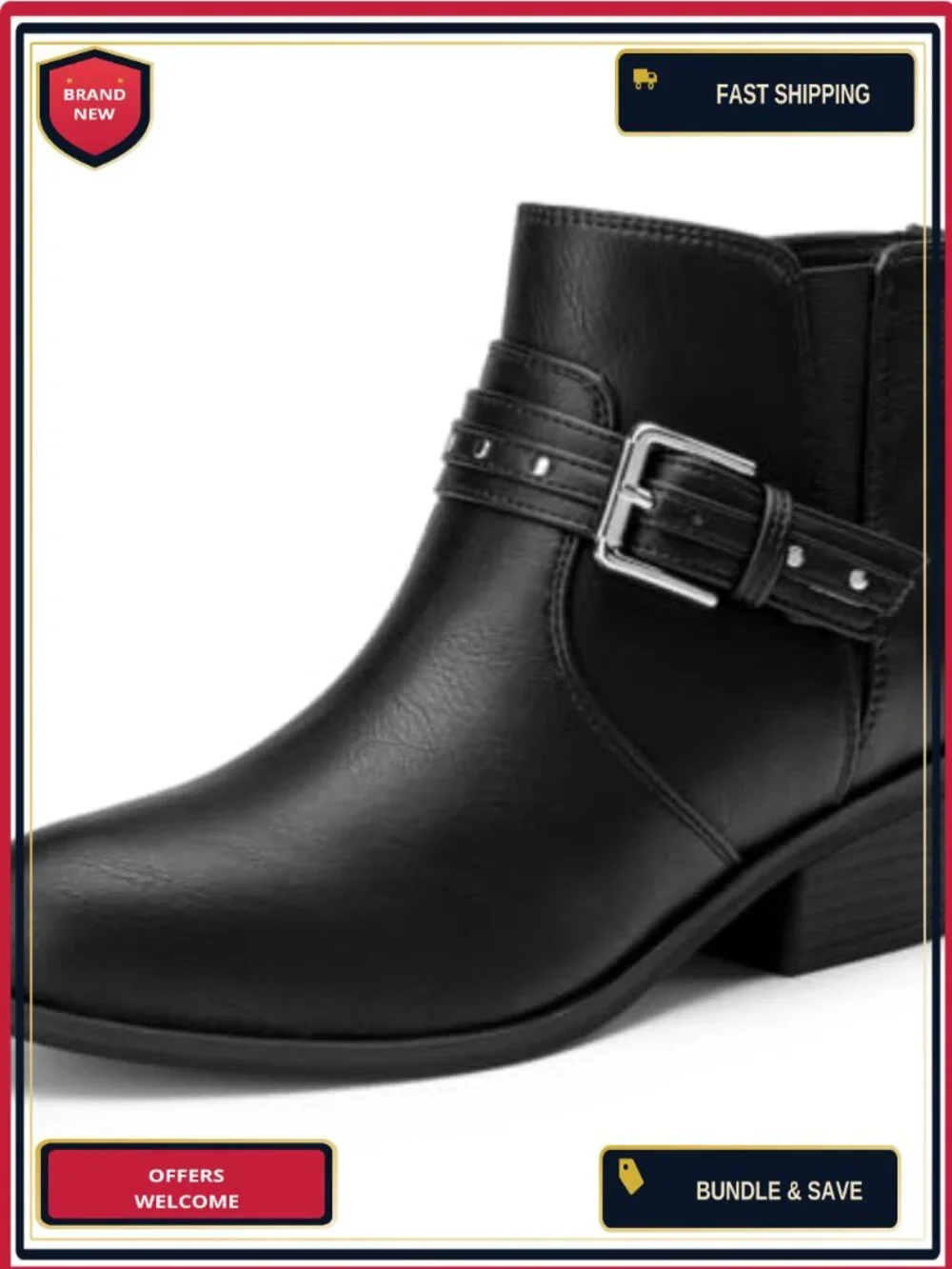 Chunky Low Heel Ankle Boots with Side Zipper Faux Leather Women's Booties