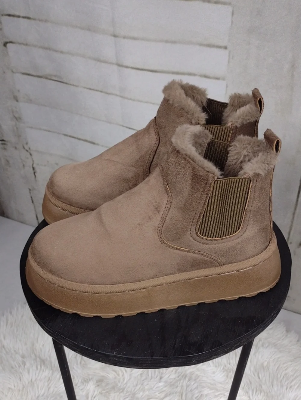 Chunky Faux Suede Fleece-Lined Chelsea Booties — Taupe
