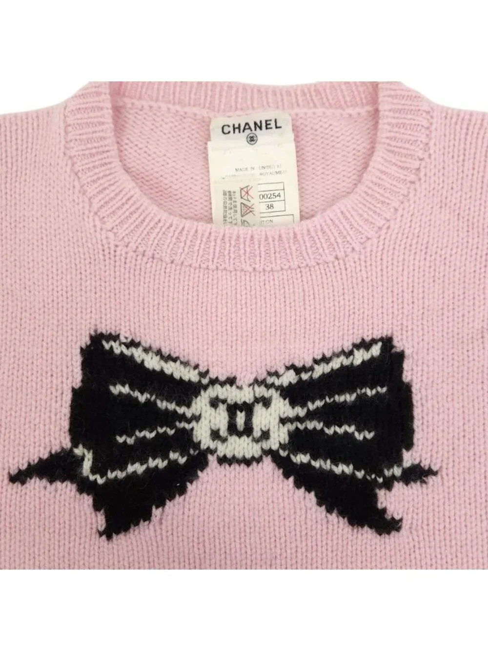 Chanel Vintage Camellia Ribbon CC Logo Cashmere Knit Sweater 38 Pink Black