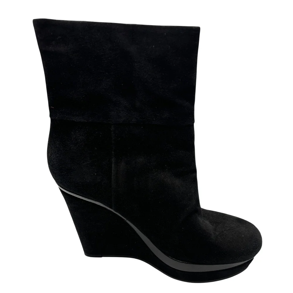 Via Spiga Black Suede Wedge Ankle Boots Patent‎ Trim Platform  7.5 M