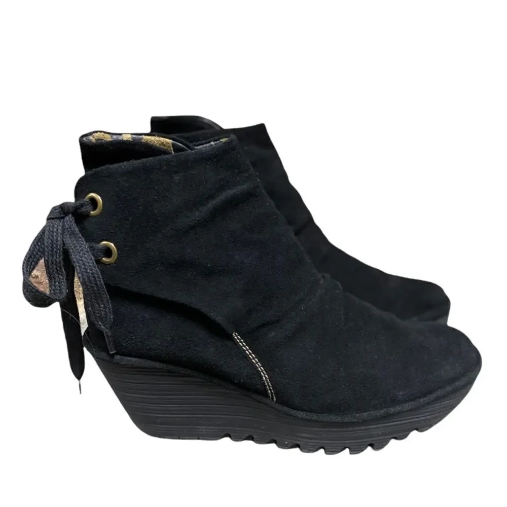 Fly London Black Leather - Suede Yama Wedge Ankle Bootie