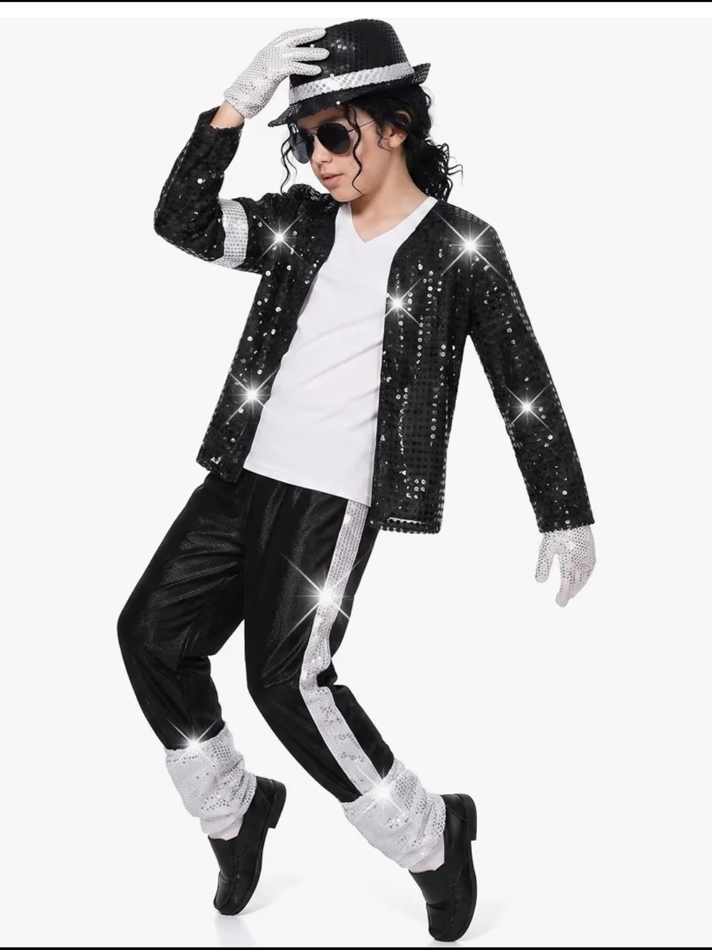 King Of Pop Costume- Black Sequin Jacket & Pants Set with Silver Accents
