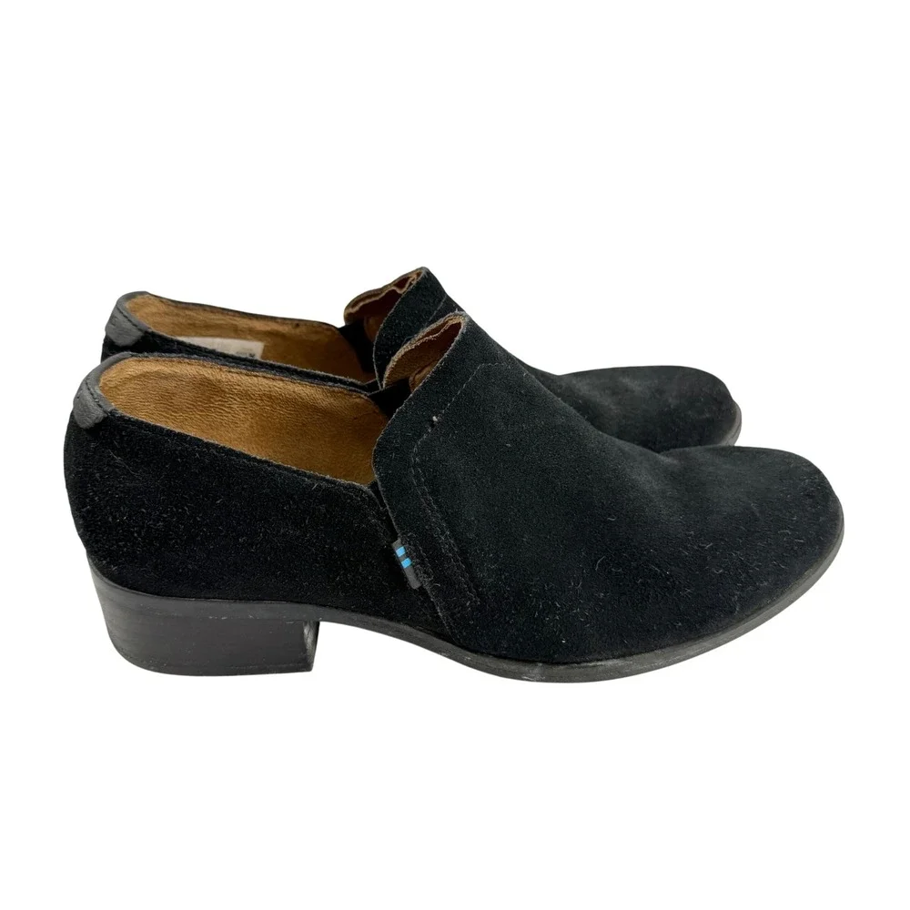 TOMS Shaye Black Suede‎ Slip On Booties Block Heel Womens Sz 8 Minimalist Casual