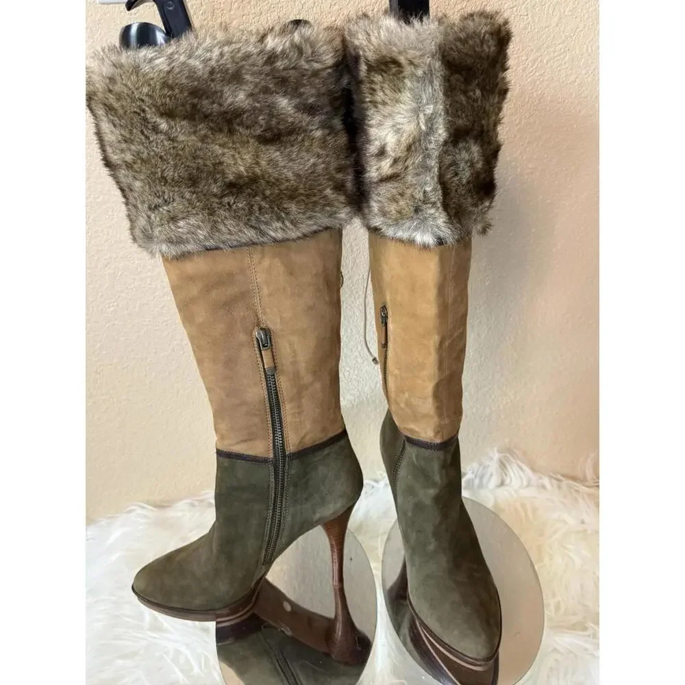 B Makowsky BfKate Leather/Faux Fur Boots Size 6‎ Multicolor Sexy Stiletto