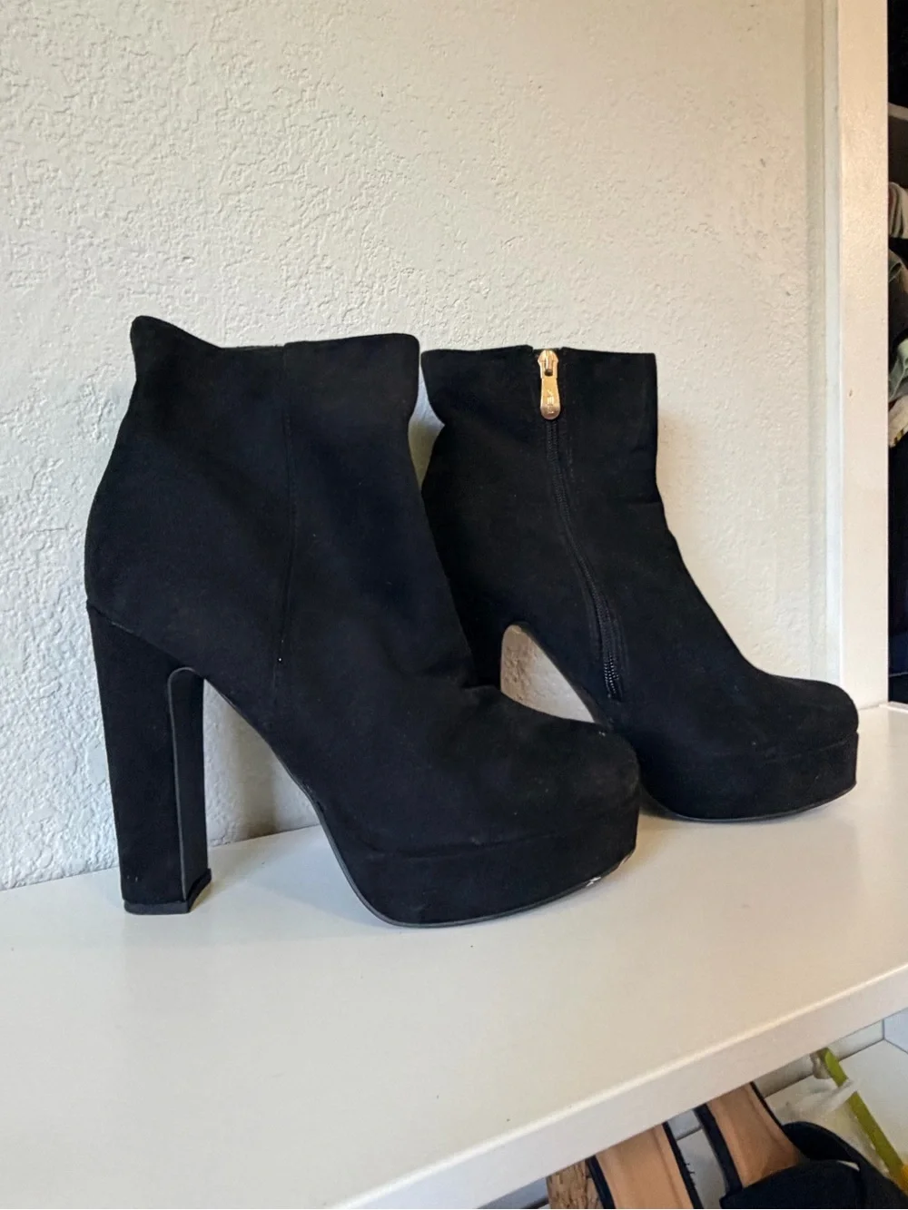 Black Platform Suede Ankle Boots - Women's High Heel Bootie