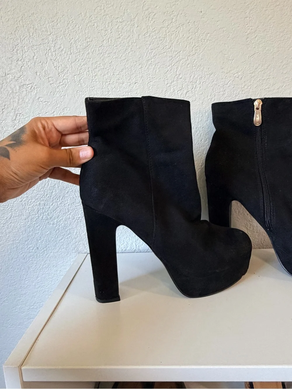 Black Platform Suede Ankle Boots - Women's High Heel Bootie