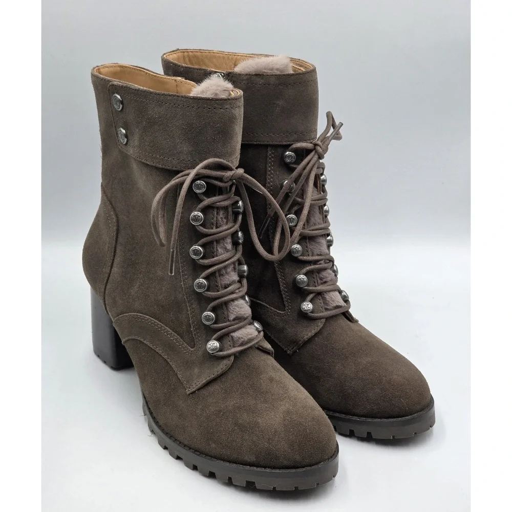 Johnston Murphy Suede Fur Lined‎ Lace Up Block Heel Ankle Boots Women's 8.5M