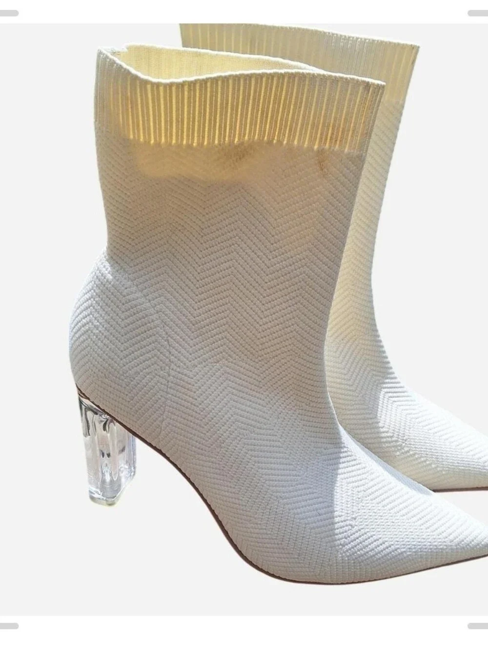 White Knit Sock Booties with Clear Block Heel