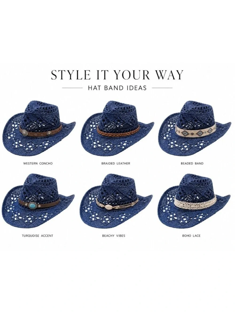 Blue Straw Cowboy Hat Rolled Brim One Size Western Cowgirl Beach