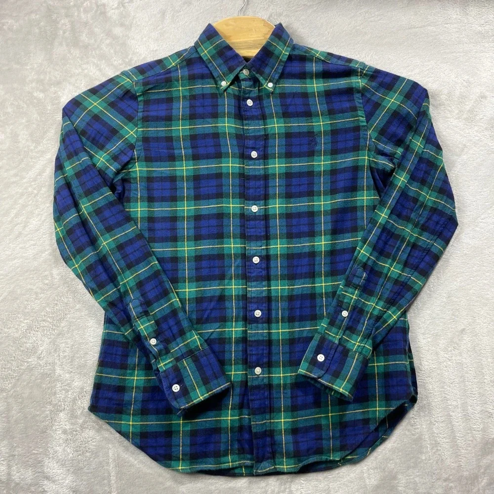 Ralph Lauren Flannel Shirt‎ Mens Medium Blue Green Plaid Classic Fit Button Down