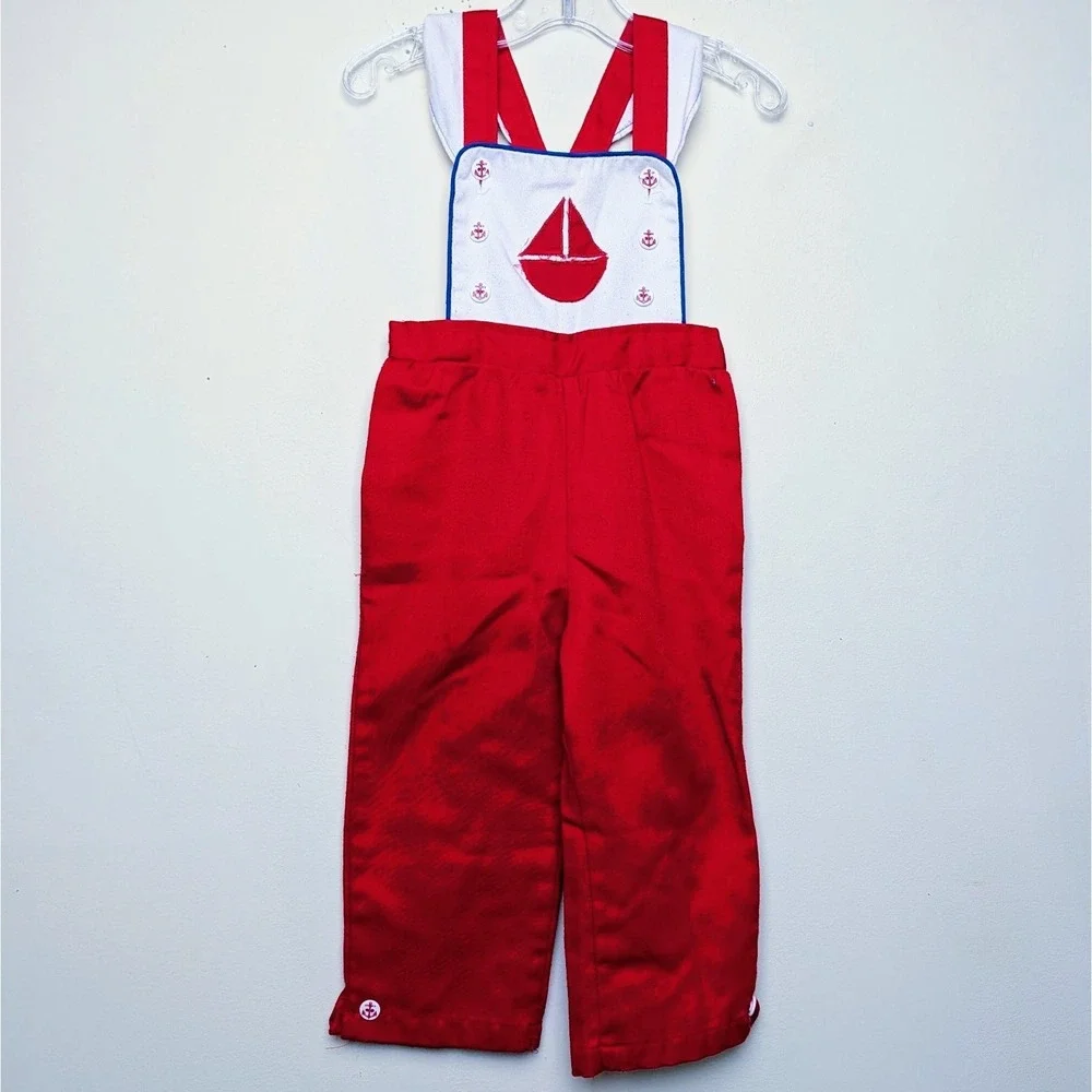 Vintage Health-Tex Sailboat Applique Nautical‎ Sailor Overalls 80s Toddler 2T