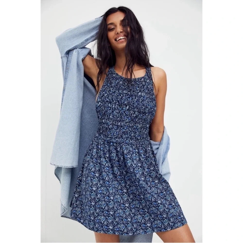 Free People Petunia Smocked Mini Dress in Cerulean Blue Sz. XS