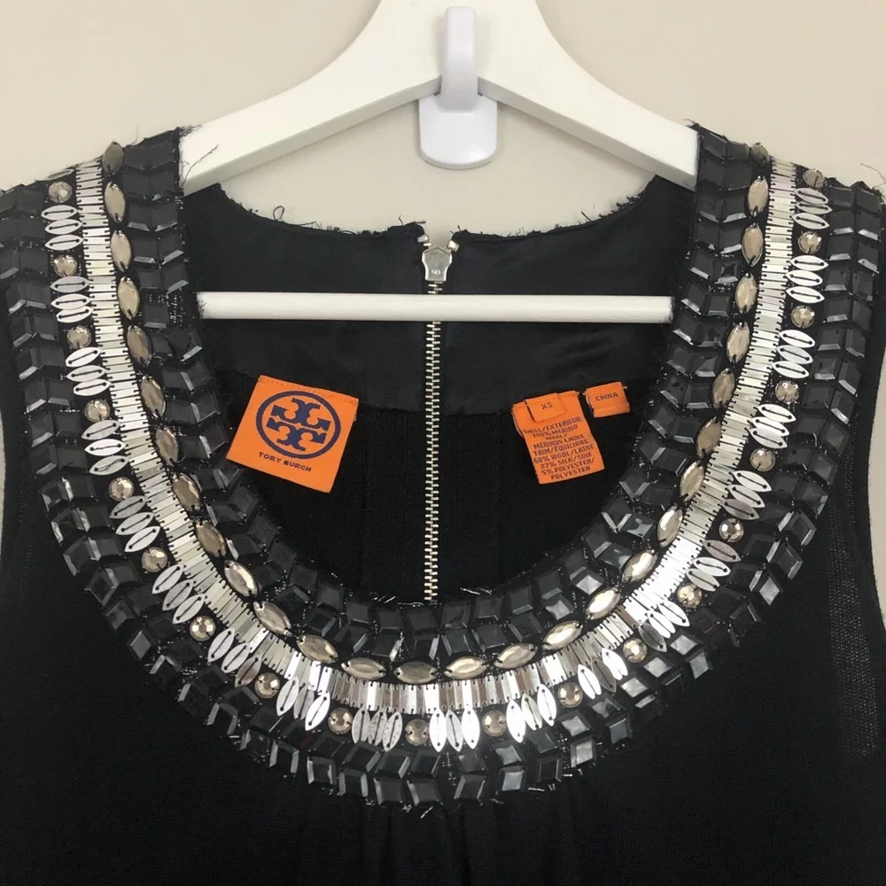 Tory Burch Jet Black Dress Embellished Neck 100% Merino Wool