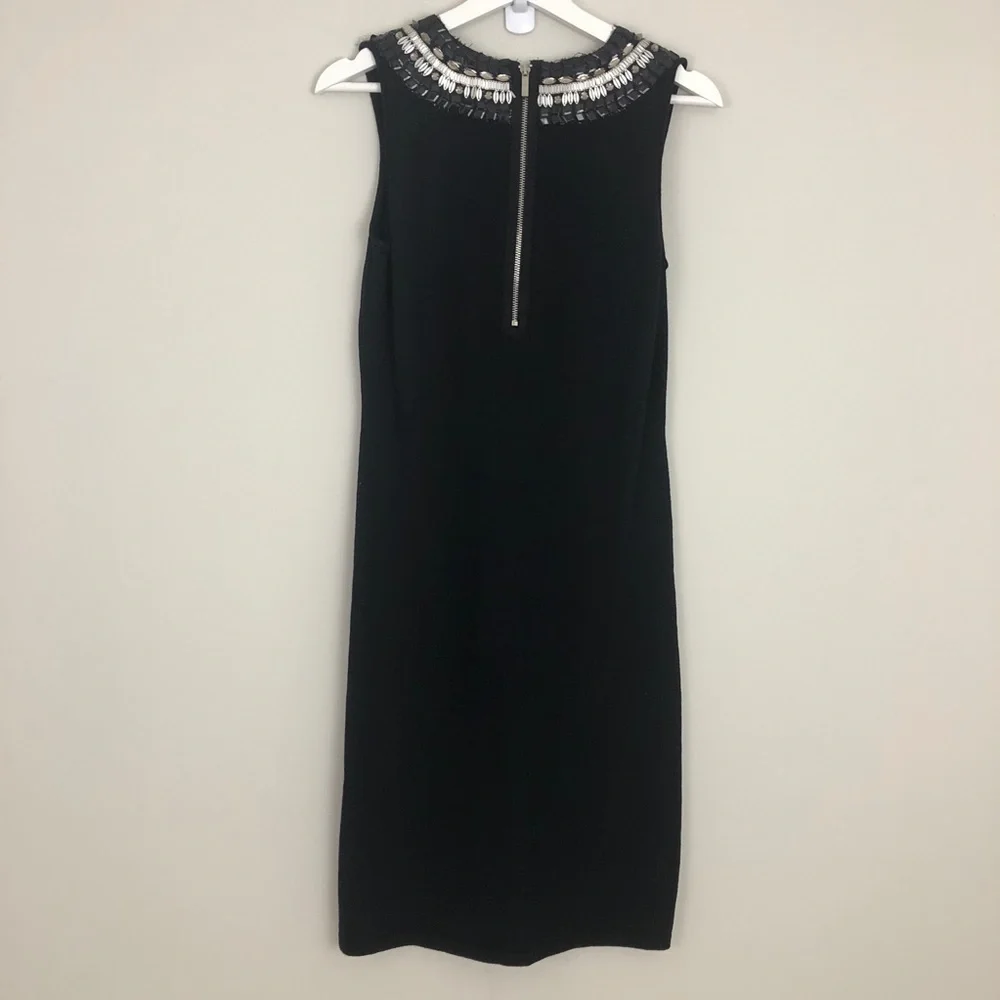 Tory Burch Jet Black Dress Embellished Neck 100% Merino Wool