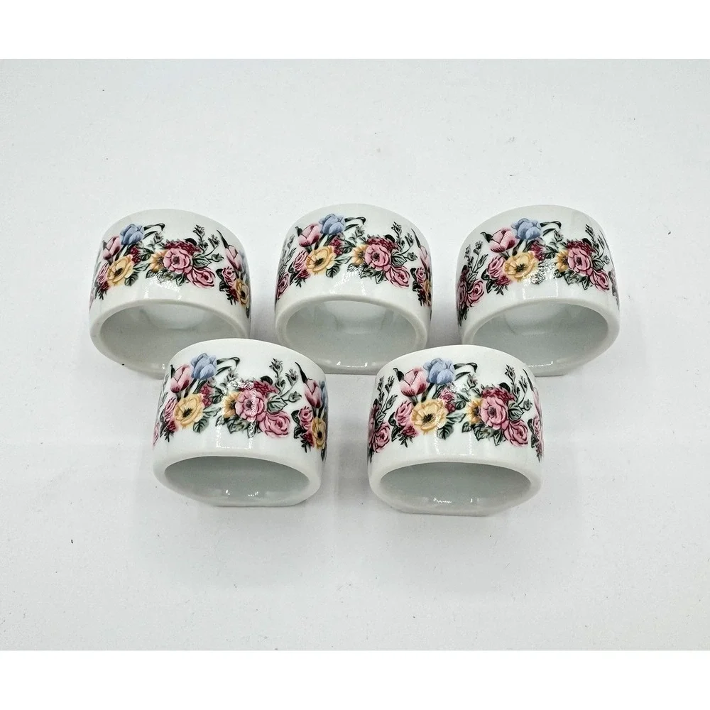 Floral Festival Napkin‎ Rings Bill Blass Japan Vintage 1988 Porcelain Set of 5