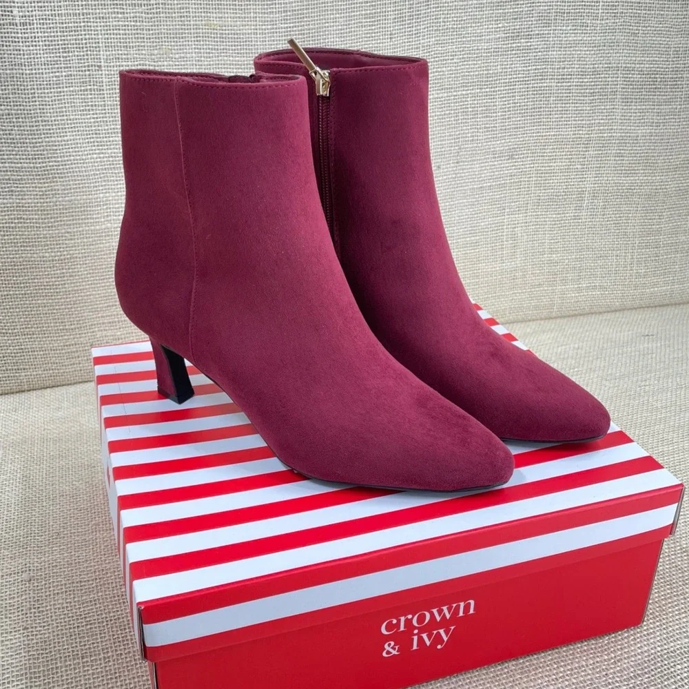 Crown and Ivy NEW Womens Wine Suede Pointed Toe‎ Block Heel Ankle Boots Size 9
