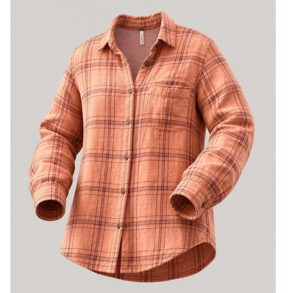 Free People Overshirt Womens Small Orange‎ Plaid Button Front Collared