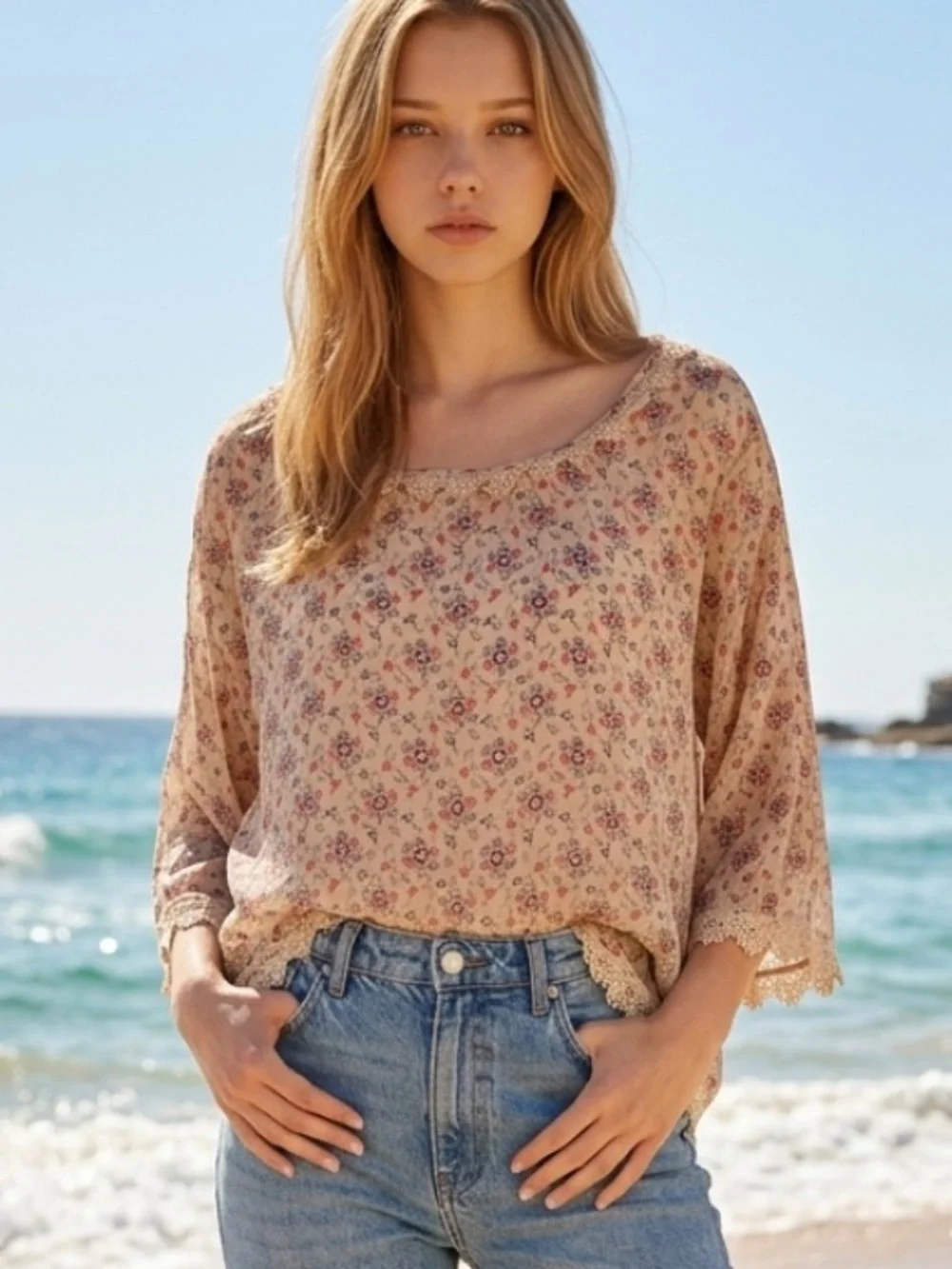FREE PEOPLE Blouse Top Peasant Boho Sheer Lace Beige Pink Scoop Neck